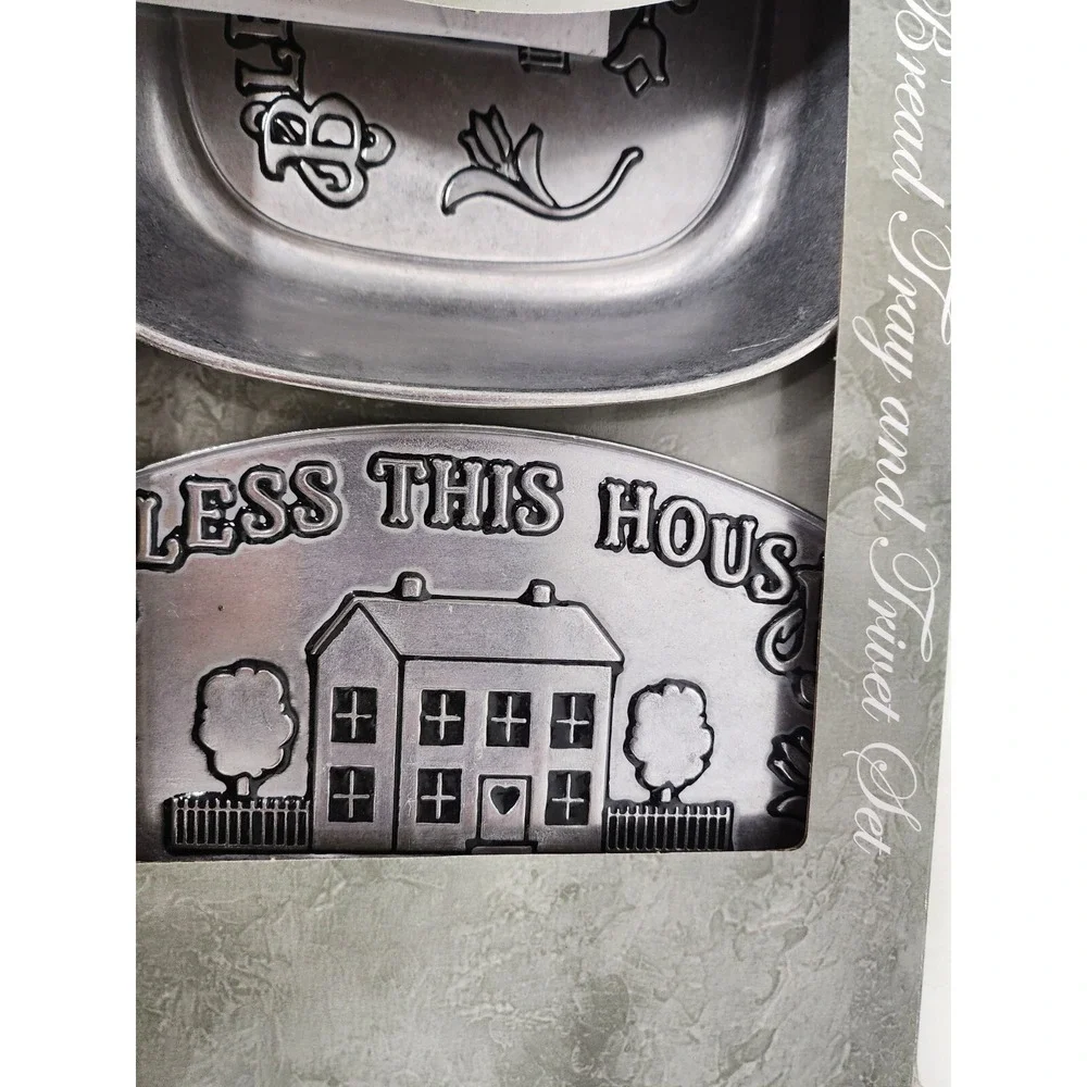 Vintage Wilton Armetale Bless This House Bread Tray & Trivet Set Aluminum NEW